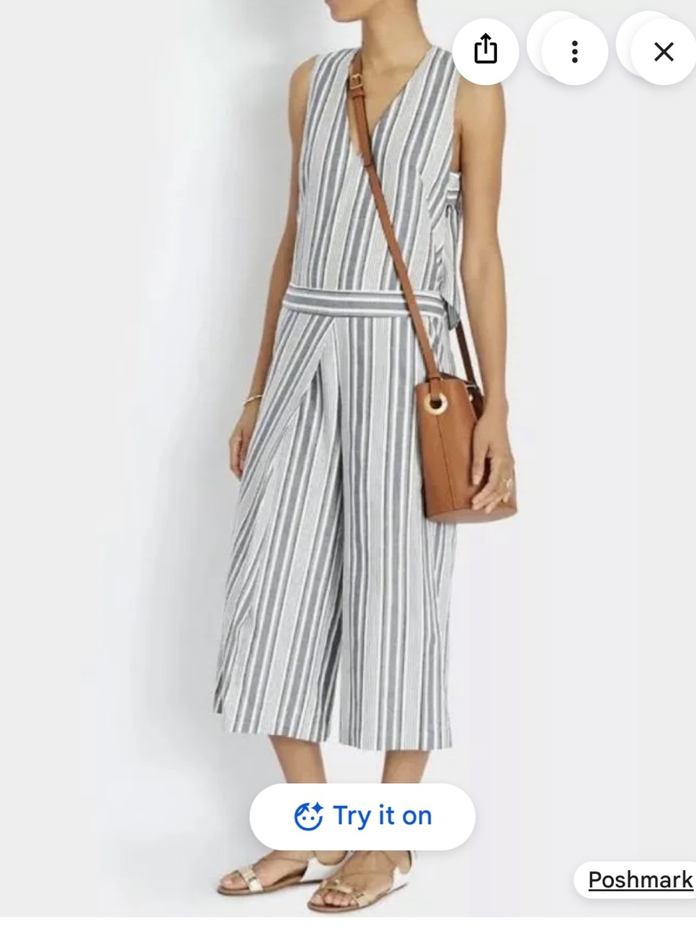 INTERMIX Gray & White Striped V-Neck Wide-Leg Sleeveless Jumpsuit